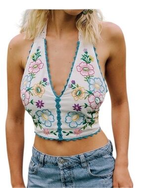 Free People Halter Open Back Boho Tie on Top with Teal Crochet Trim